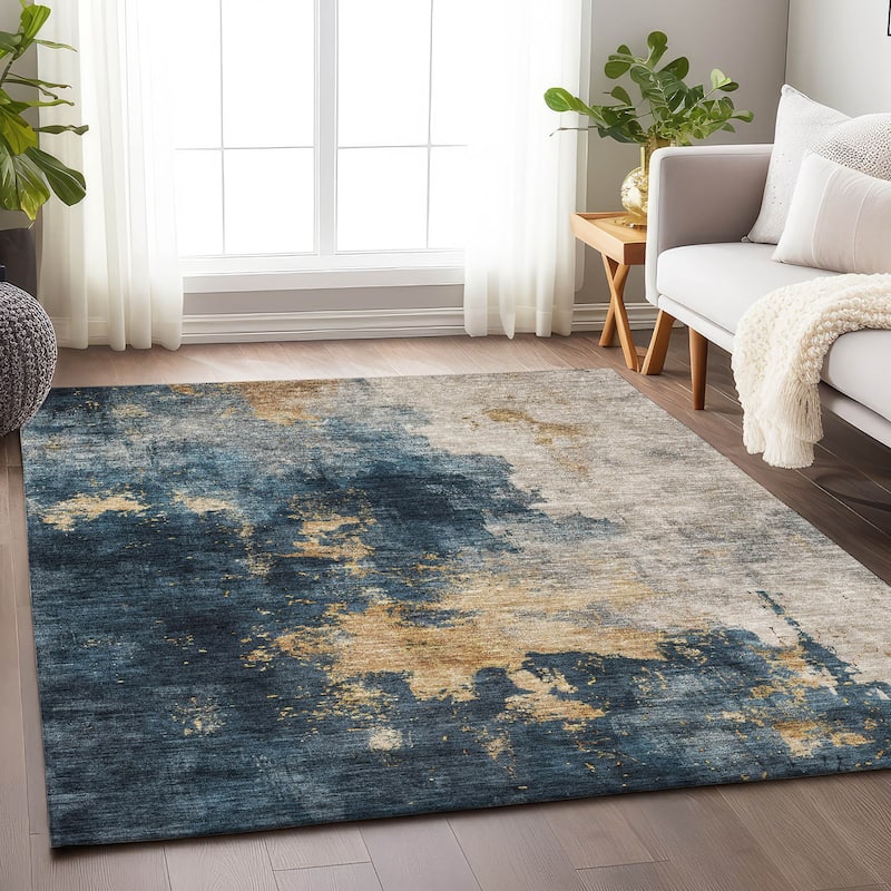 Machine Washable Indoor/ Outdoor Abstract Modern Chantille Rug - Blue - 2'6" x 3'10"