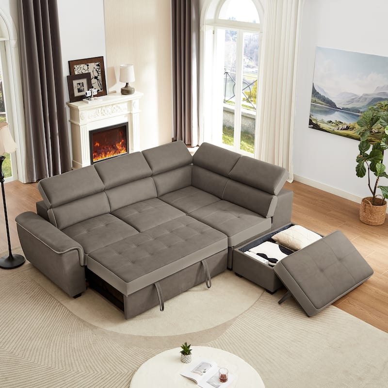 L Shaped Sectional Sofa with Pull Out Bed and Storage Compartment