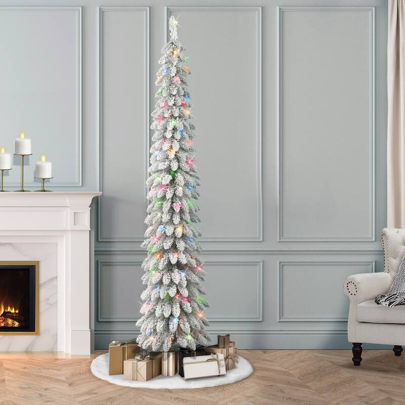 Puleo International 7 ft Pre-Lit Flocked Artificial Alpine Pencil Tree