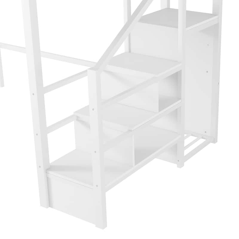 White High Loft Bed Frame with Storage Stairs and Wardrobe, Loft Metal Frame Bed with High House Shaped Guardrails for Kid Teens