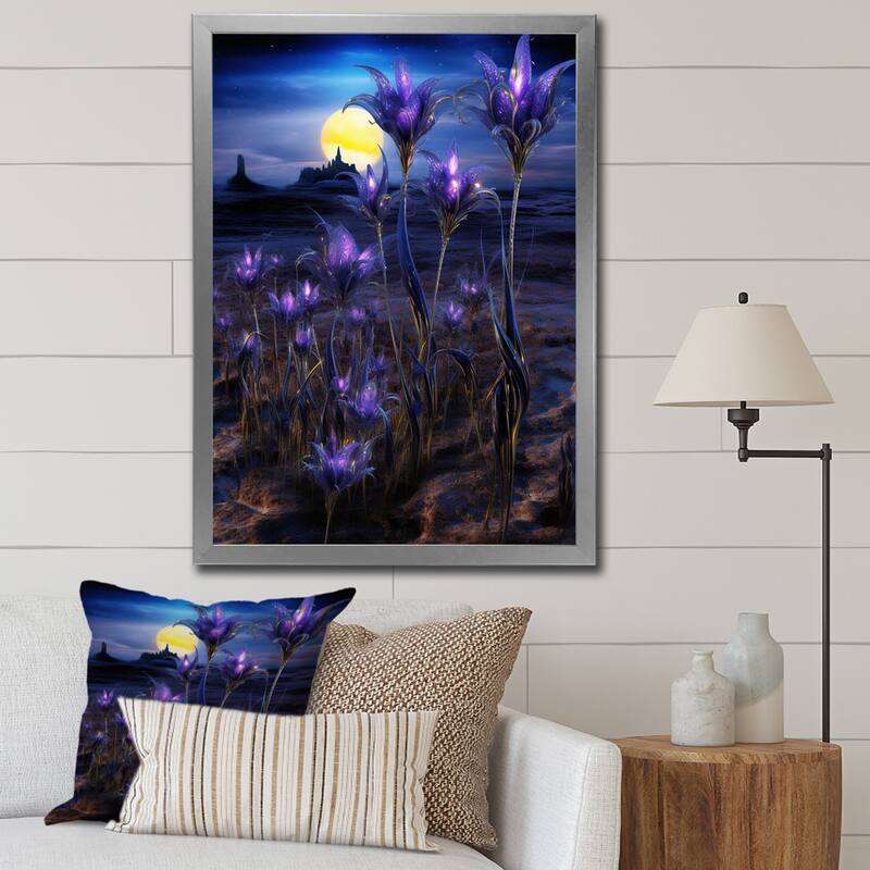 Designart "Blossoming Bluebonnet Flowers In Alien Universe" Blue Bonnets Framed Canvas Prints - 16 in. wide x 32 in. high - Silver