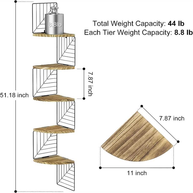 Corner Shelf Wall Mount of 5 Tier - 7.87"D x 7.87"W x 51.18"H