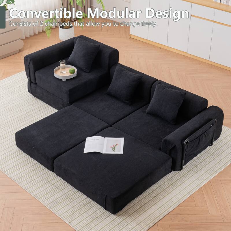 Folding Recliner Sofa 3-seater Straight Row Sectional Sofa Convertible Sleeper Sofa Bed, Fold Out Floor Couch Modular Sofa - Black