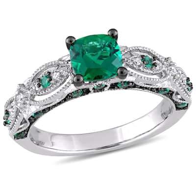 Miadora 1 1/8ct TGW Created Emerald and Diamond Accent Vintage Ring in 10k White Gold