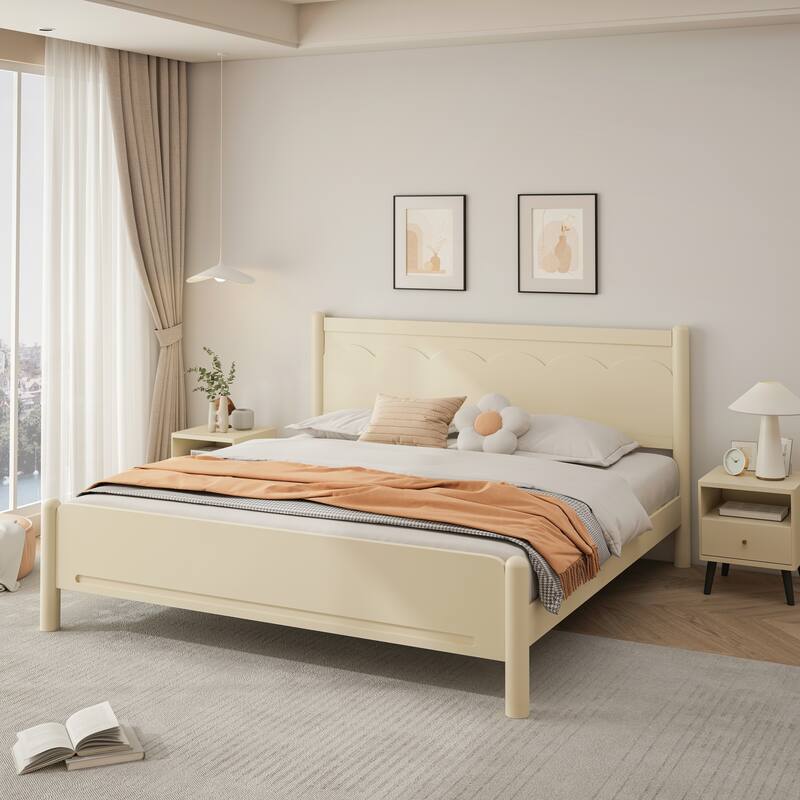 Wood Platform Bed Frame with Headboard and Wooden Slat Support