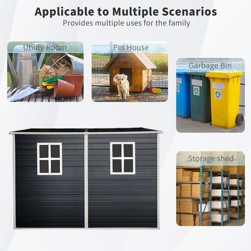 Outdoor Storage Shed Resin Plastic Lockable Waterproof UV Resistant with Windows Black - 8.01’ (L) x 4’ (W) x 5.68’ (H)