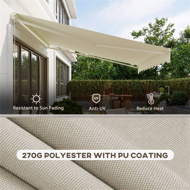 Cream White Aluminum Steel Polyester Patio Awning with Remote and Tilt - 118" L x 141.75" W