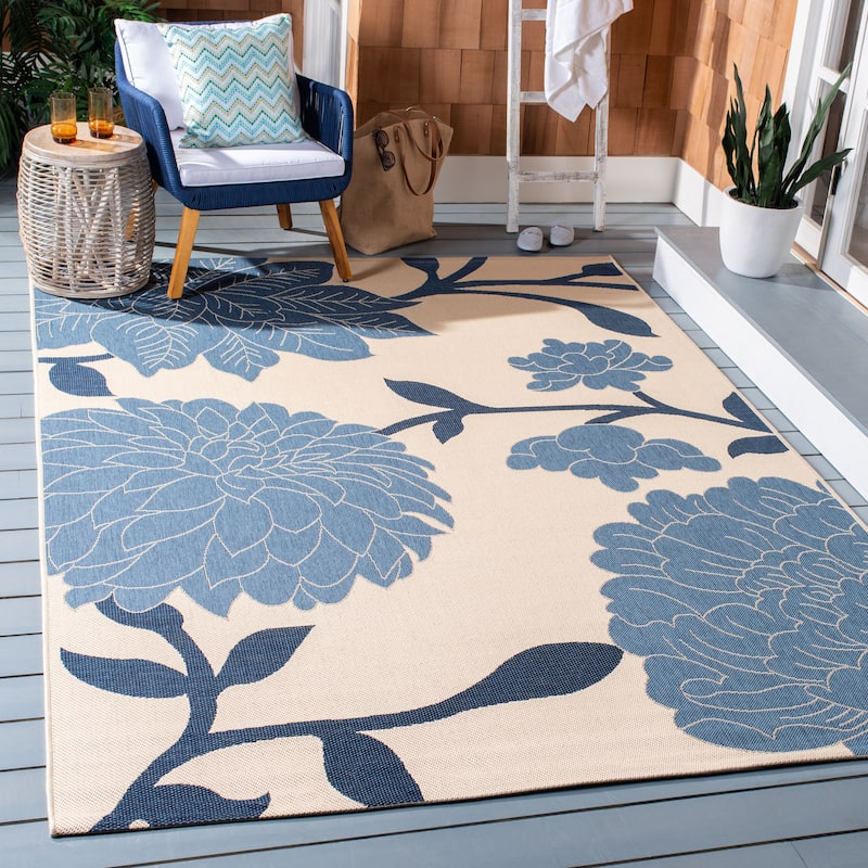 SAFAVIEH Courtyard Damaris Floral Indoor/ Outdoor Waterproof Patio Backyard Rug - 8' x 10' - Beige/Blue