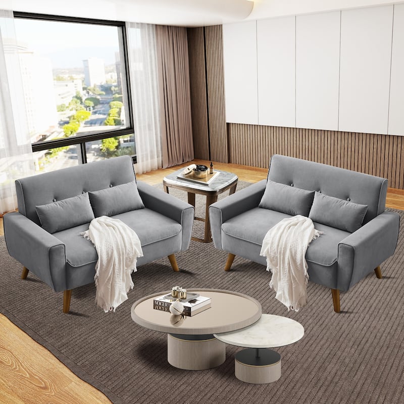 48.82" Small Tufted Loveseat Sofa 2 Set with Tapered Wood Legs - Light Grey
