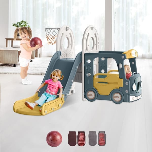 slide 2 of 7, Green+Yellow 4 in 1 Toddler Slide, Kid Slide for Toddlers Age 1-3, Indoor Outdoor Bus Themed Toddler Playset Toddler Playground 2-4 Years