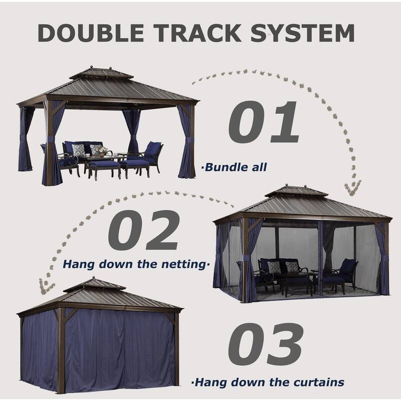 PURPLE LEAF Outdoor Hardtop Gazebo For Patio Bronze Aluminum Frame Pavilion With Navy-Blue Curtain