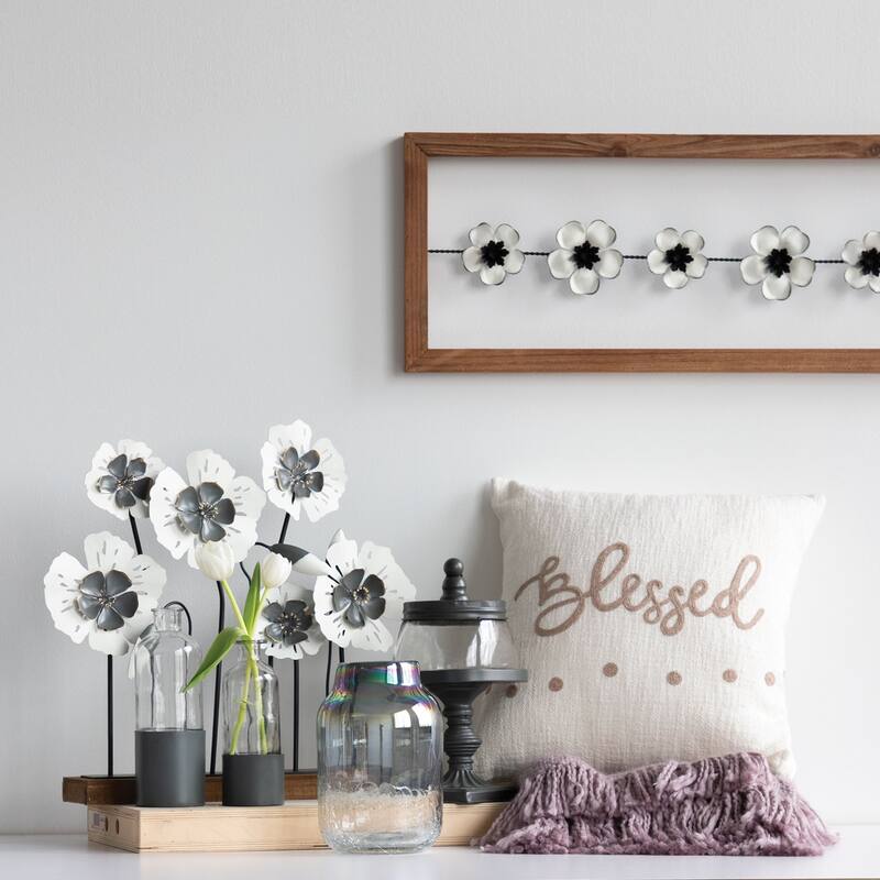 Foreside Home & Garden 38 x 12 inch Rustic White Flower On A Wire Wood And Metal Wall Décor