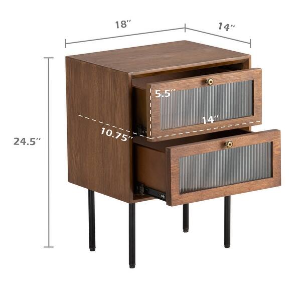 COZAYH Retro Brown Nightstand with Reeded Glass Front, Walnut Wood