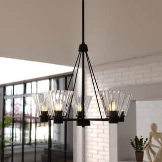 Dalton 5-Light Black Round Chandelier, Clear Glass Shade, Pendant Fixture r Dining Table Kitchen Entryway Bedroom Island