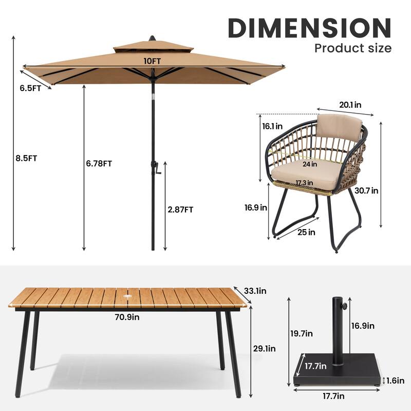 9/11-piece Outdoor Dining Set w/ Umbrella and Base Aluminum Dining Table and PE Rattan Chairs