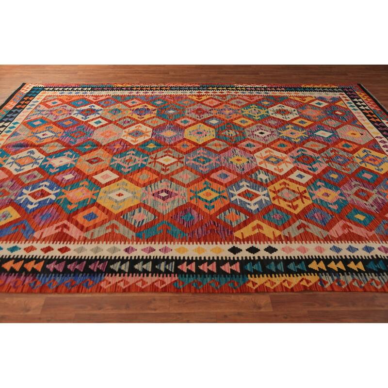 Geometric Kilim Reversible Area Rug Hand-Woven Tribal Wool Carpet - 8'3"x 11'5"