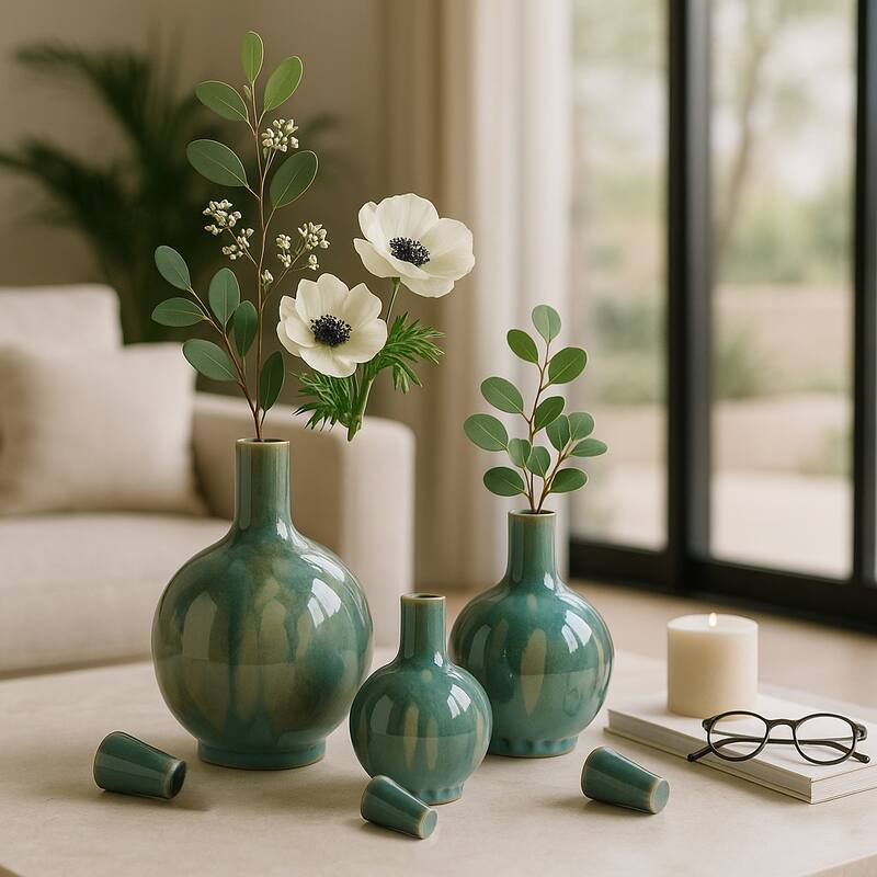 Glazed Ceramic Flower Vases - Set of 3, 14", 12", 9"