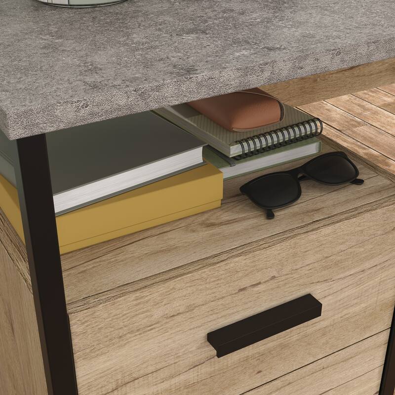 Wood L-Shaped Desk with File Drawer, Brown