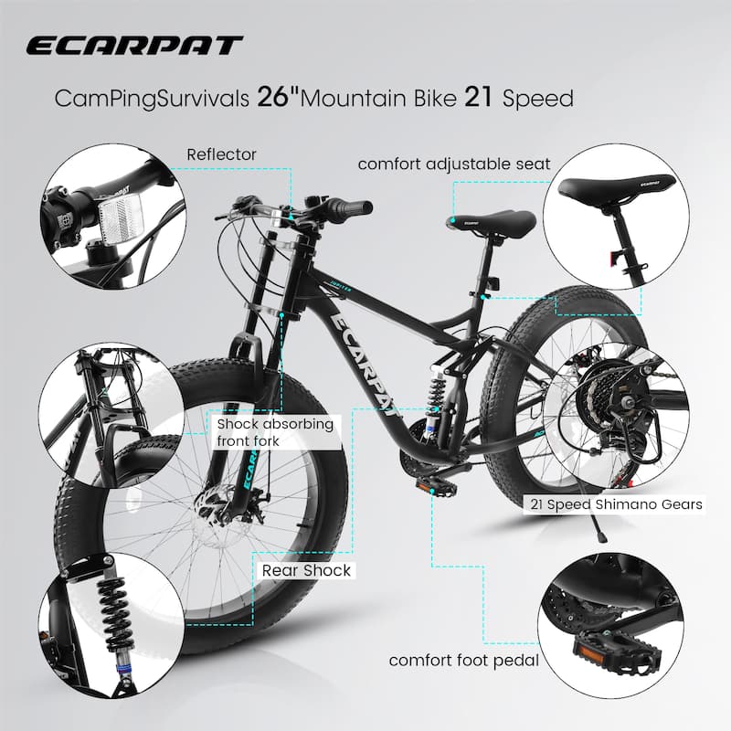 26 Inch Full Suspension Fat Tire Mountain Bike with 21 Speed, Steel Frame 4 Inch Tires for Men and Women