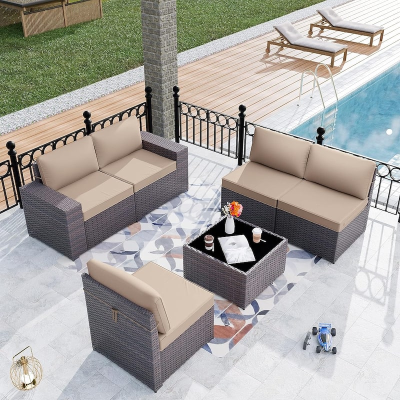 Delnavik Patio Furniture Set Sofa 6-Piece Wicker Sectional Sofa Set, Outdoor Furniture Rattan Patio Sofa Conversation Set