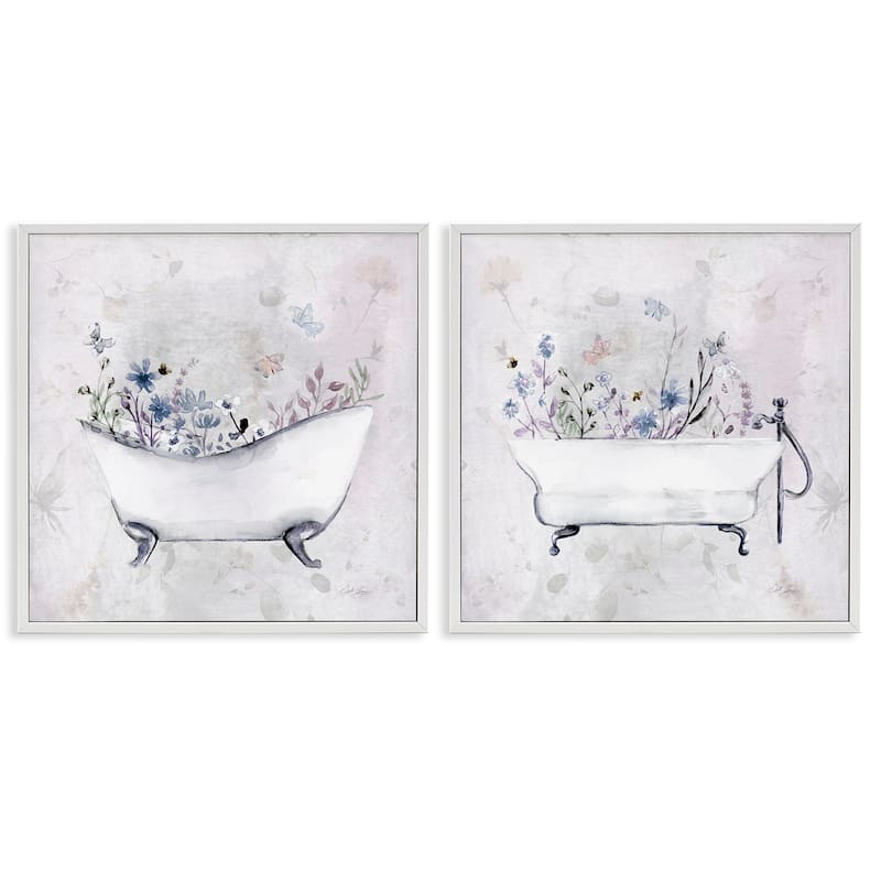 Stupell Antique Tubs with Botanics Framed Giclee Art Design By Stella Chang (Set of 2) - 24 x 24 - White