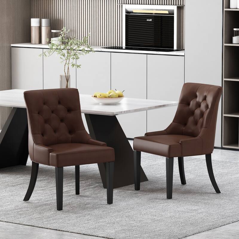Dining Chairs Set of 2, Tufted Faux Leather Dining Room Chairs with Wood Legs, High-Backed Upholstered Chairs for Kitchen - Dark Brown