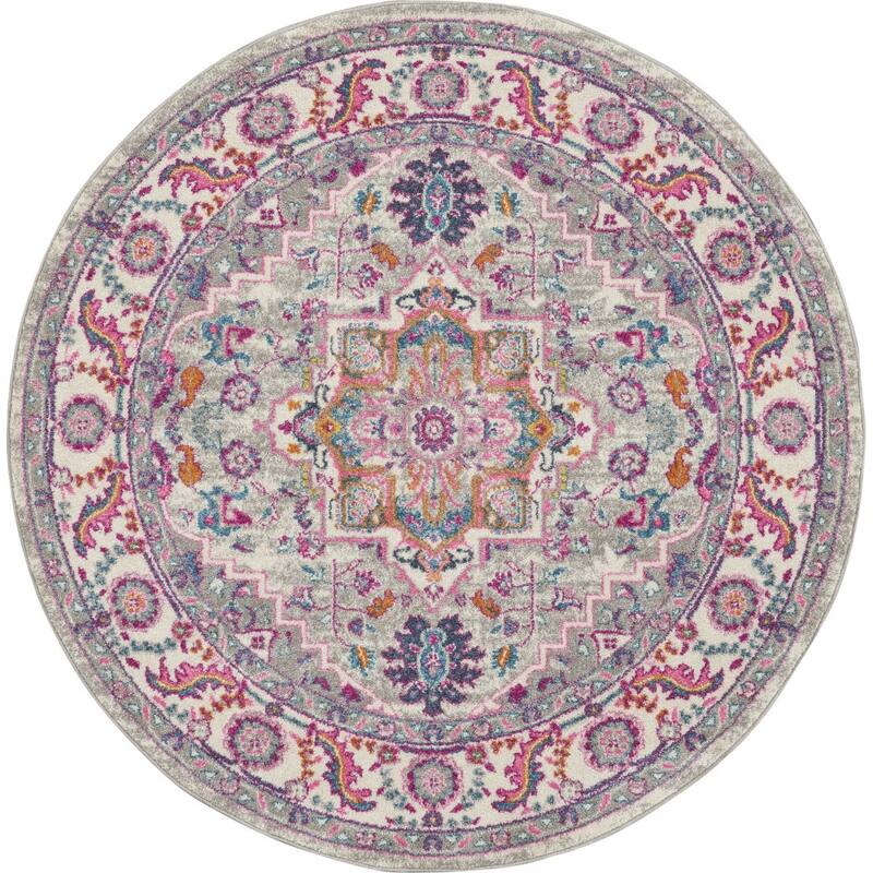 Caki Power Loomed Geometric Floral Area Rug By HomeRoots - 4' Round