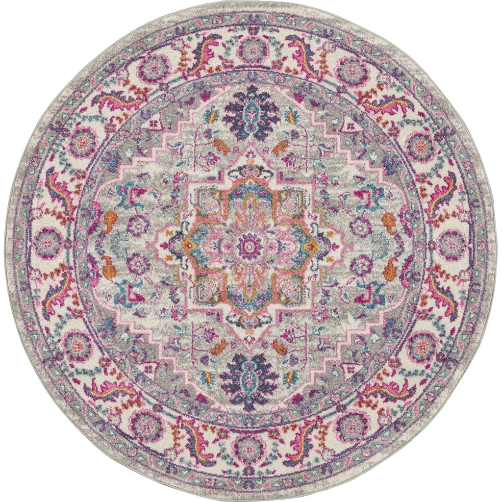 Caki Power Loomed Geometric Floral Area Rug By HomeRoots - 4' Round
