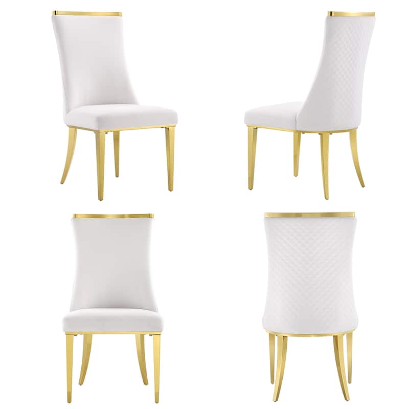 Luxurious White Velvet Upholstered Dining Chairs with Reticulate Texture Back and Polished Gold Metal Legs - Set of 4
