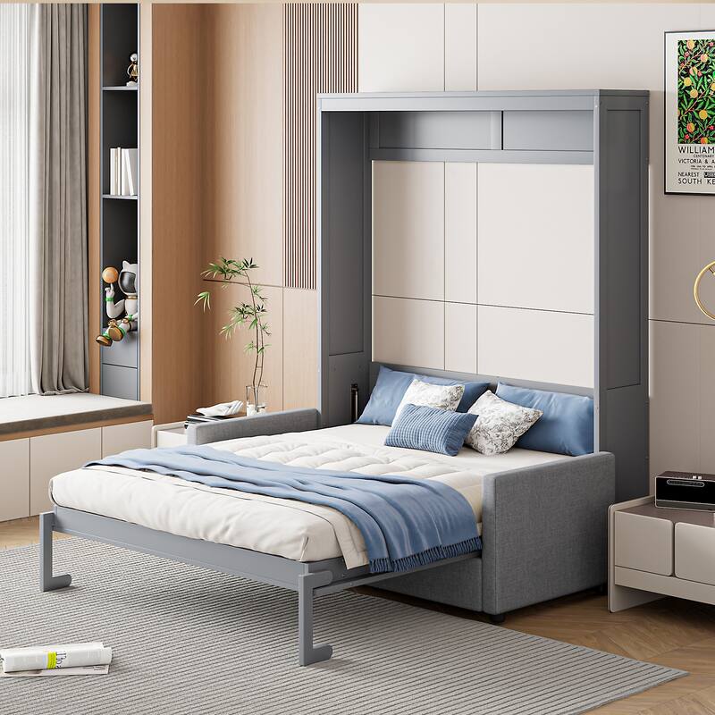 Full Murphy Bed with Sofa, Space-Saving Wall Bed, Hidden Storage, Pull-Down System, and Stylish Modern Design - Grey