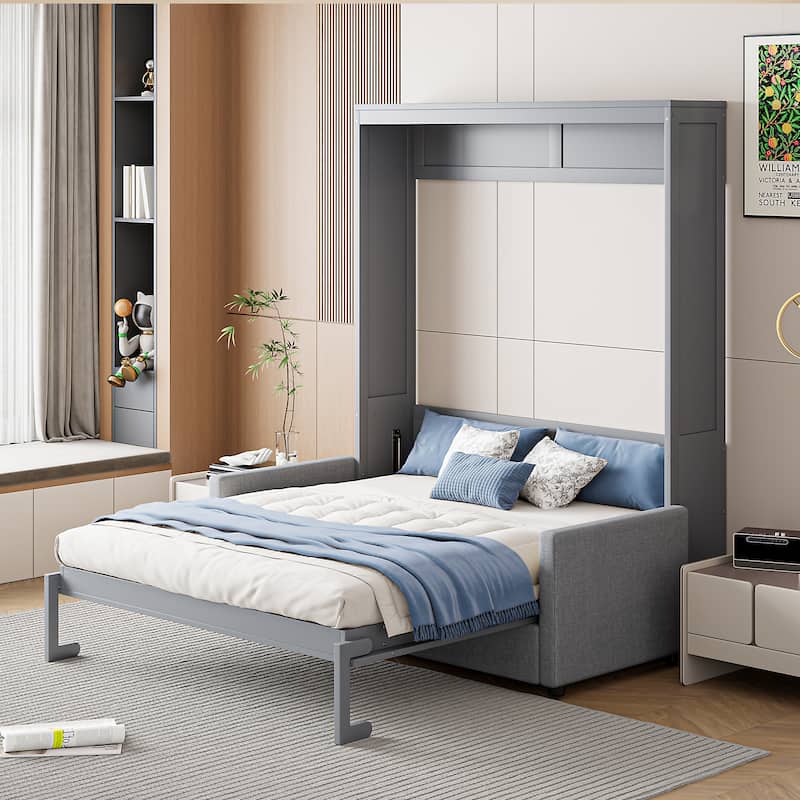Full Size Wall Bed with Built-In Sofa and Storage, Space-Saving Murphy Bed with Fold-Out Design - Gray