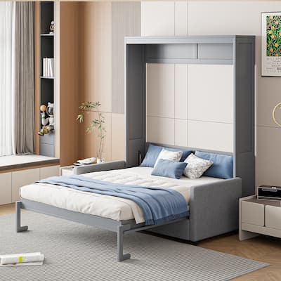 Gray Full Size Multifunctional Murphy Bed with Cushion & Storage