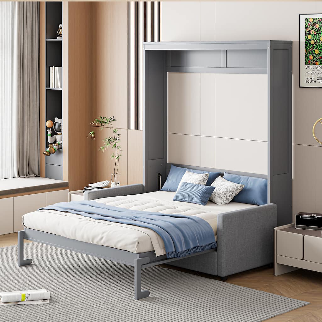 Gray Full Size Multifunctional Murphy Bed with Cushion and Storage