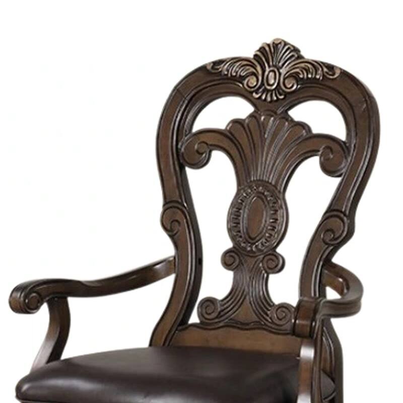 Leova Armchair Set of 2, Ornate Corbels, Dark Brown Wood, Faux Leather