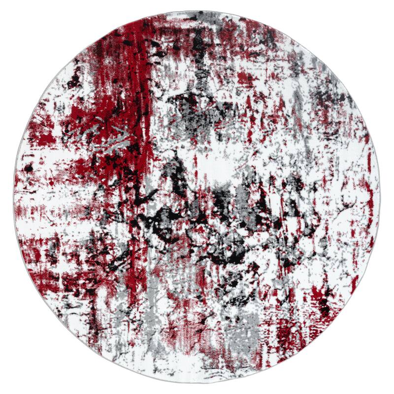 Samos Collection Abstract Area Rug - 6'11" Round - White/Red