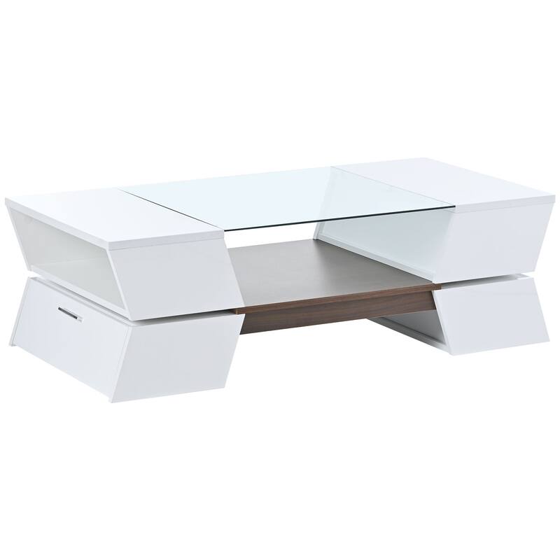 Glass Top Coffee Table with Open Shelves and Cabinets