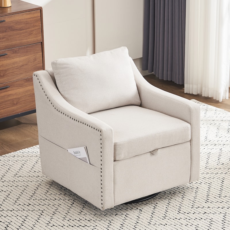 Linen Upholstered Swivel Accent Chair, Ergonomic Single Sofa Chair, Lounge Reading Chair with Nailhead Decor & Metal Base