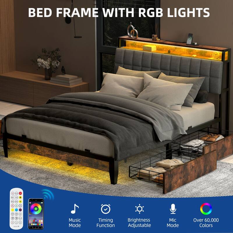 Moasis King/Queen/Full Size Upholstered Platform Bed with Charging Station and Storage Headboard