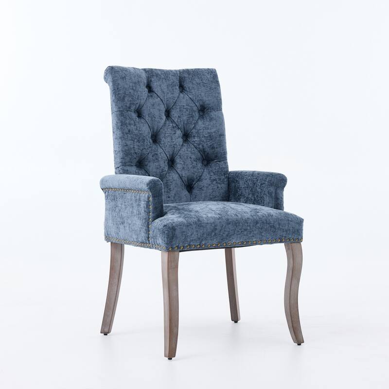 Upholstered Chenille Fabric Accent Dining Chair, Curved Solid Wood Legs, Elegant Tufted Club Dining Room Kitchen Room Arm
