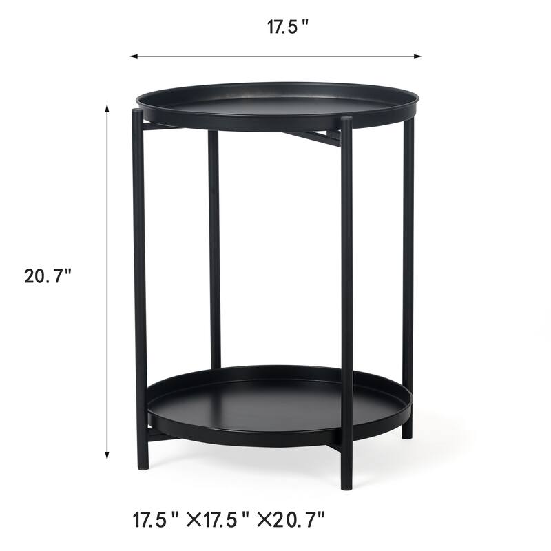 Adeco Side Table 2-Tier Metal Round End Table with Removable Tray - 17.5""(D)x 17.5""(W)x 20.7""(H)