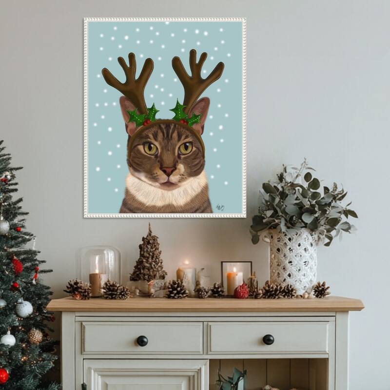 Calico Cat and Antlers by Fab Funky (23 x 28 in.), Framed Canvas Wall Art Print - Sylvie Beaded White