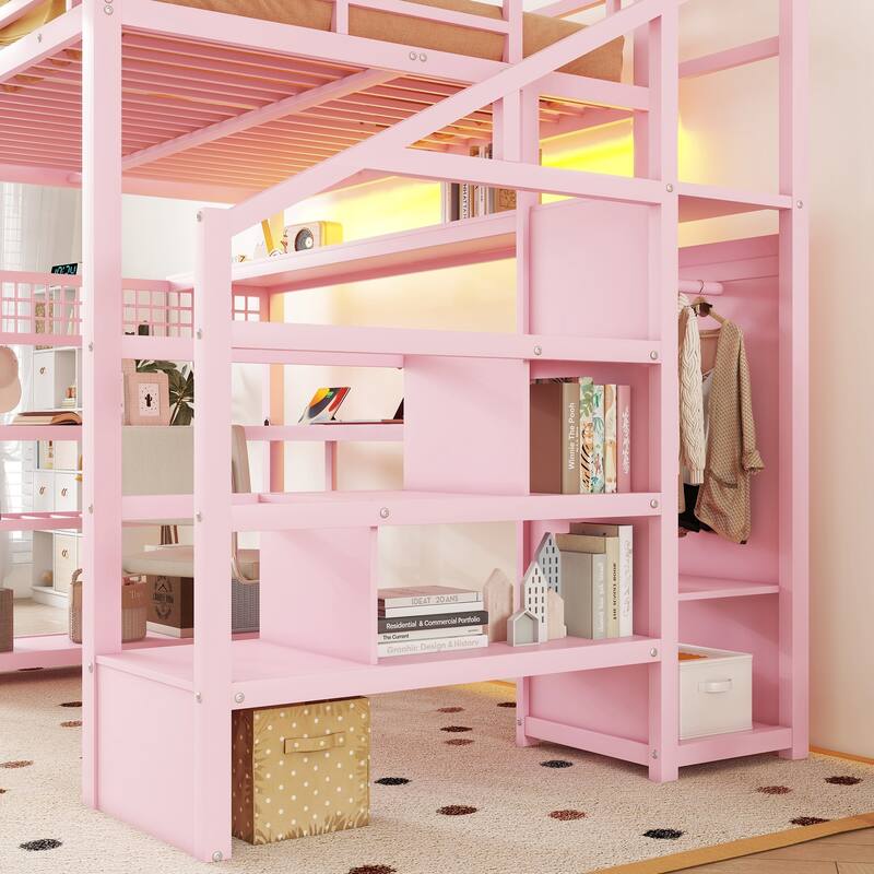 Full Size Metal Loft Bed with Staircase, Wardrobe, Desk, Storage Shelves, LED Lights, and Charge Station, Pink