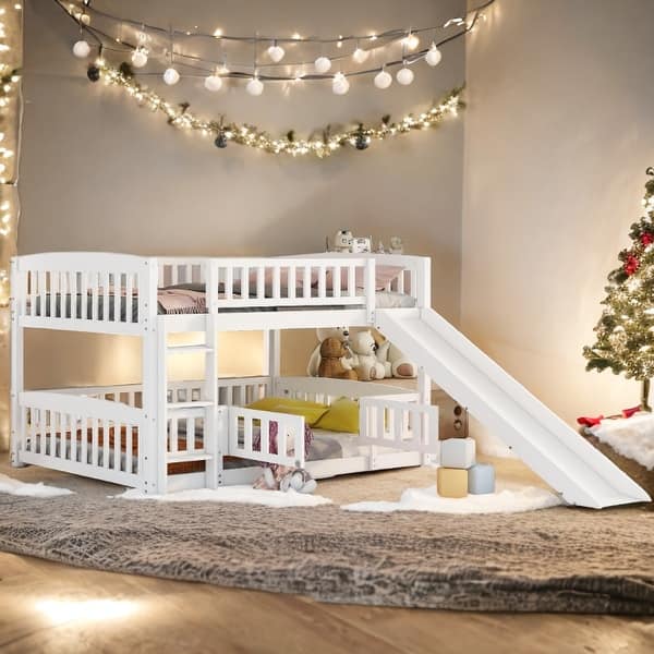 slide 2 of 16, Full Over Full Low Bunk Bed with Fence and Ladder for Toddler Kids Teens,Elegant Children Bed,White
