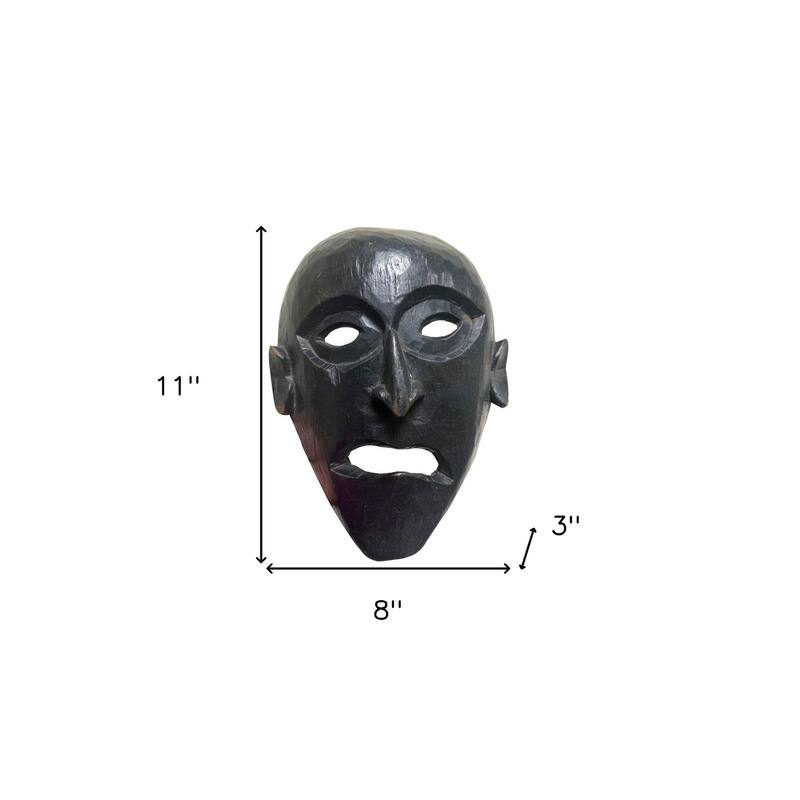 HomeRoots 11" Black Solid Wood Decorative Mask Tabletop Sculpture - 11" H