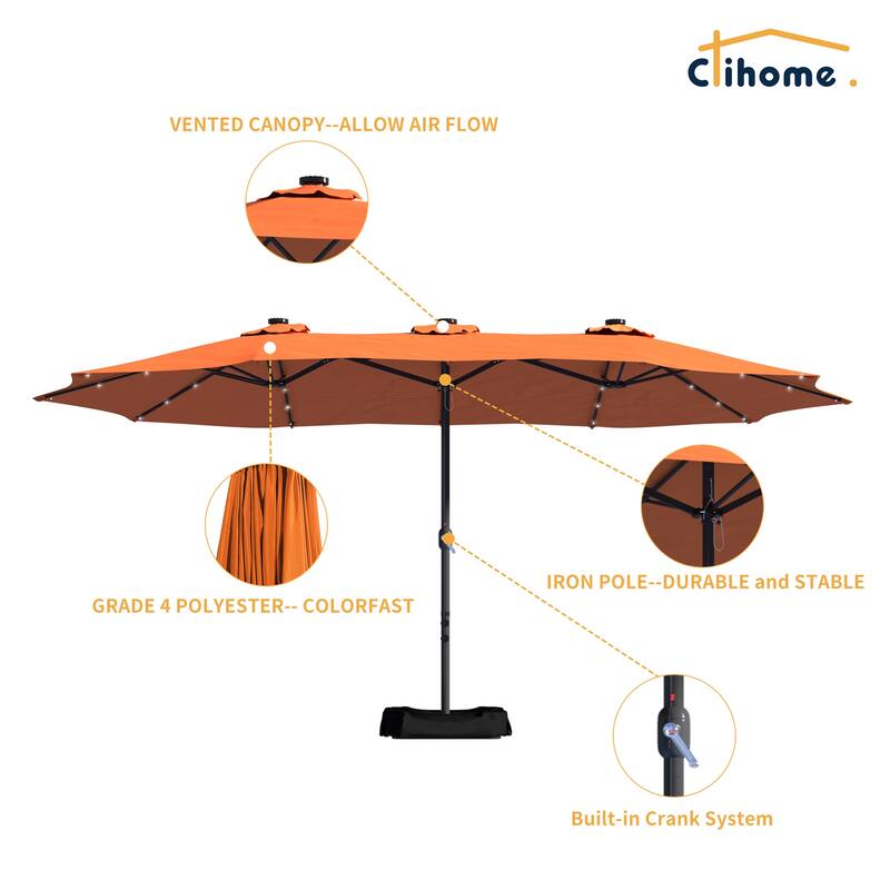 Clihome 15FT Double-Sided Solar Light Market Crank Umbrella with Base