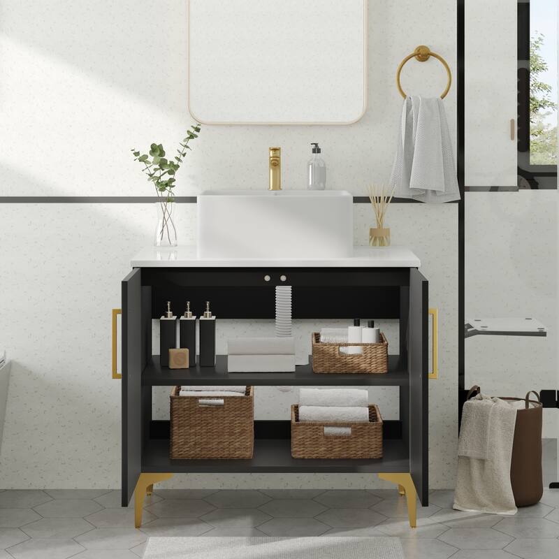 Freestanding Bathroom Vanity with White Stone Top Soft Close Doors and Gold Accents