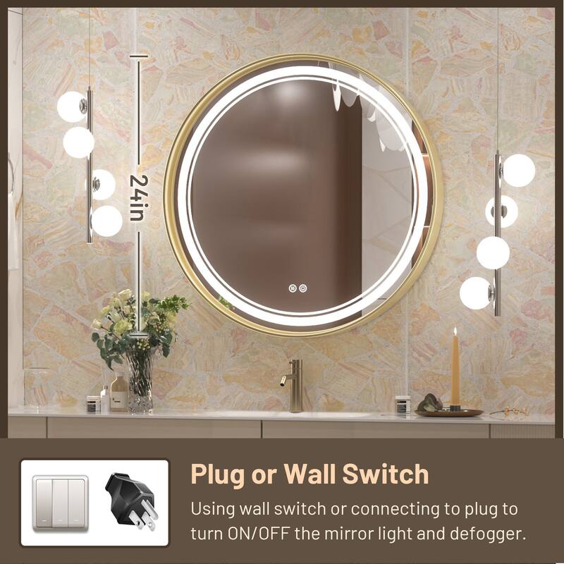 KEONJINN Round LED Front Light Bathroom Vanity Wall Mirror 3 Colors, Anti-fog, Metal Frame