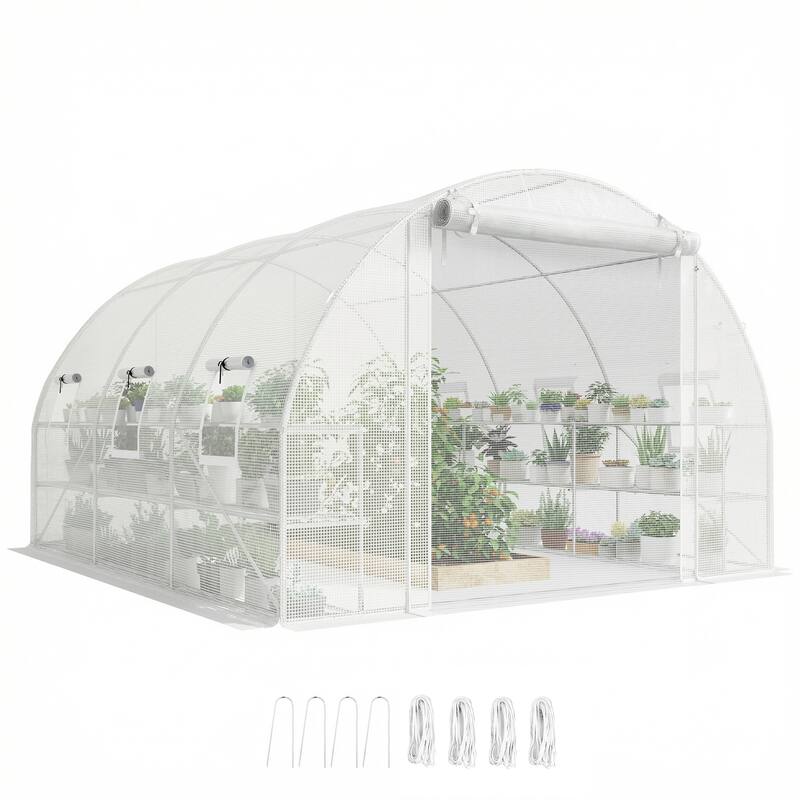Outsunny 10'x11'x6' Walk-in Tunnel Greenhouse with Shelves, Mesh Door and Windows, Hoop House Greenhouse with PE Cover