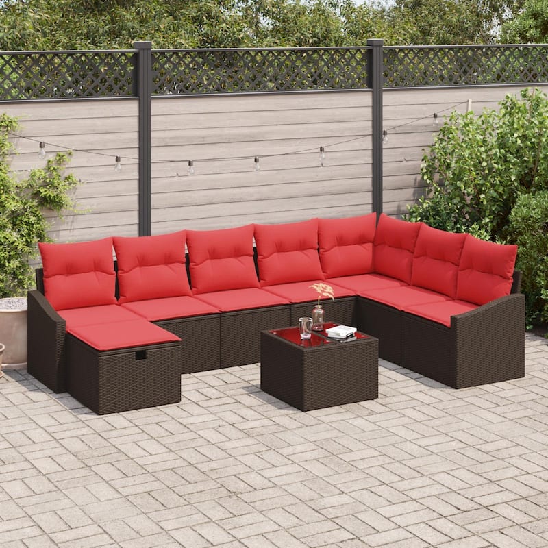 vidaXL 8/9 Garden Sofa Set with Cushions Black/Brown/Grey Poly Rattan - 113.6 x 70.3 x 27.2 - Brown with table