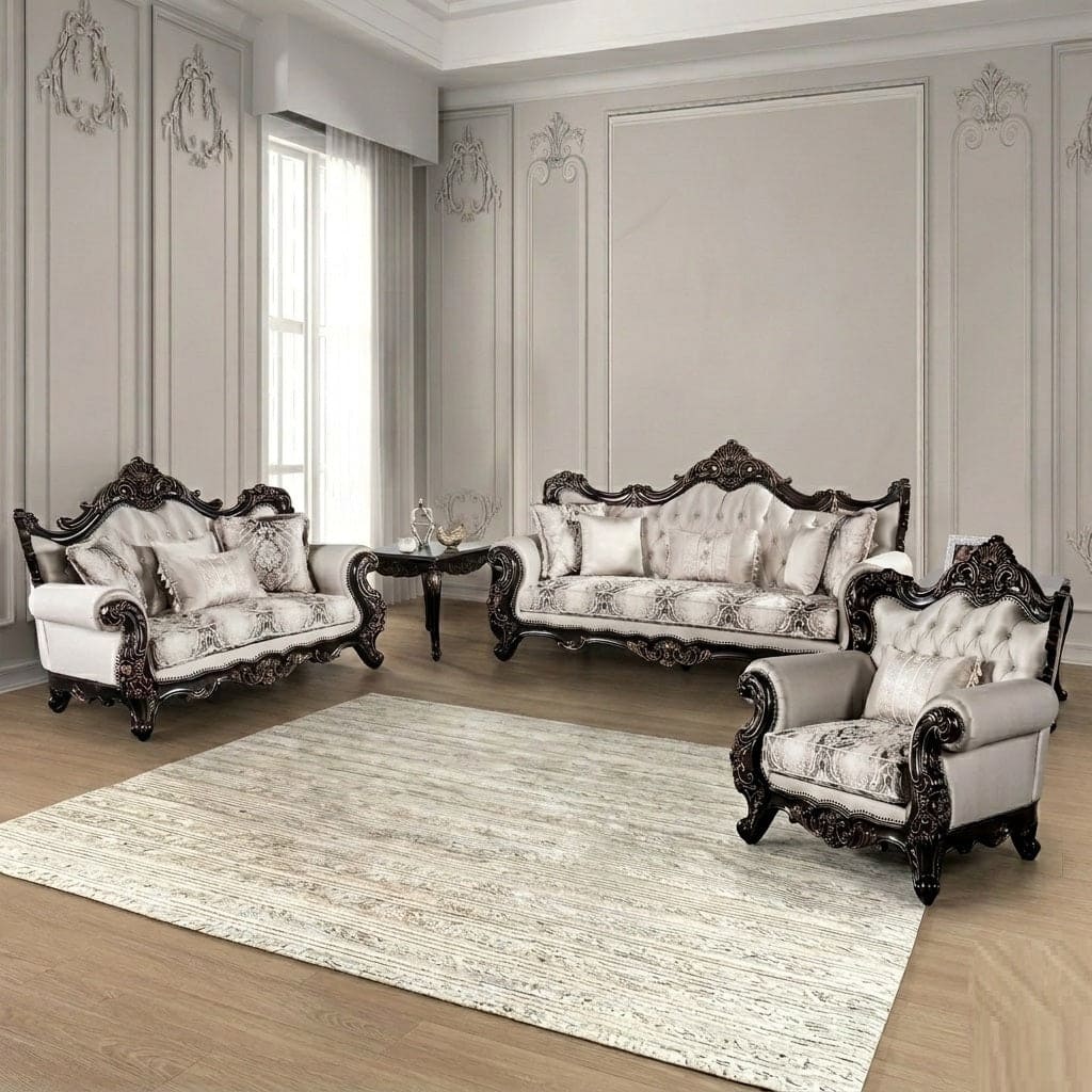 Formal Two Tone Beige Finish Tufted Solid Wood Carved Details Sofa Set
